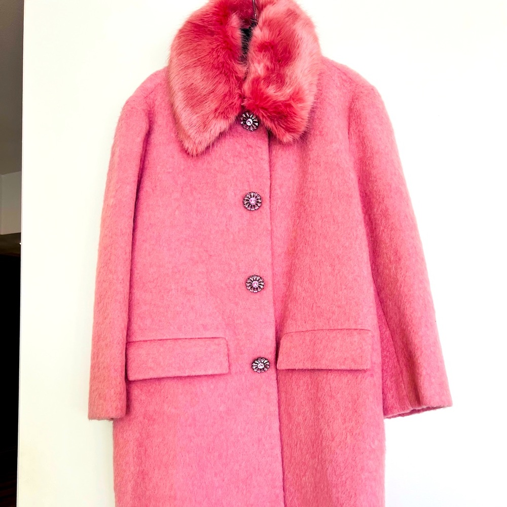 Kate Spade Wool Pink Coat w/Faux Fur removable Collar